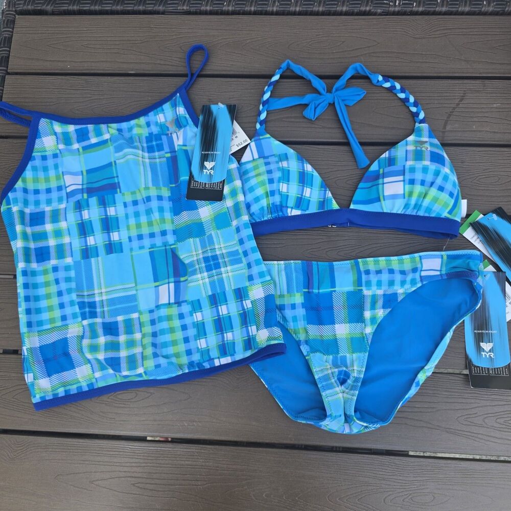 TYR Women's Blue Catalina Island Halter Top &  Bottom Reversible Swim SZ M New